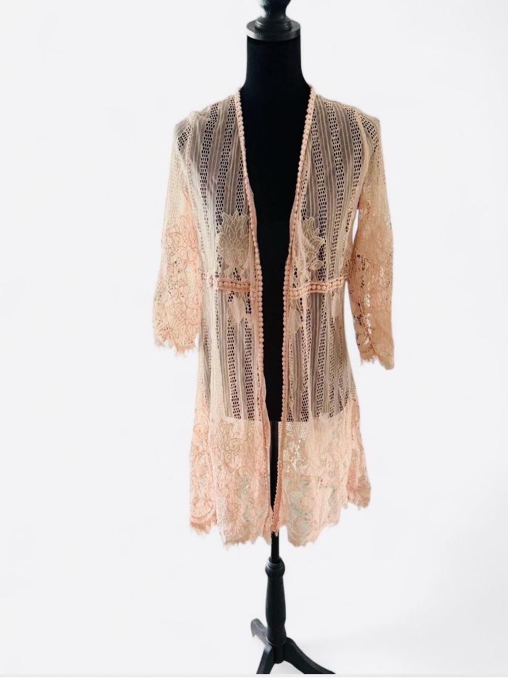 Lollia Rose Blush Pink Lace Kimono Boho Sheer Cardigan Size M - Picture 2 of 5